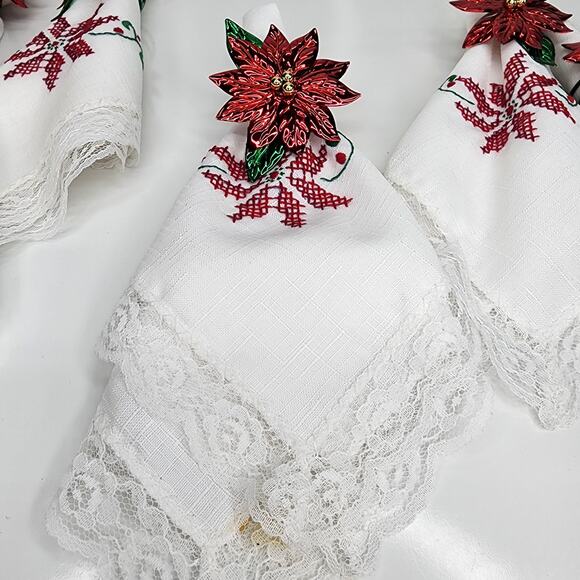 Vintage Christmas Linen Napkins Set o 6 Metal Rings Lace Cross Stitch Poinsettia - Picture 3 of 15